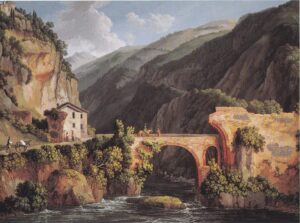 Jacob Philipp Hackert, “Veduta di una parte del Convento di S. Cosimato con il ponte moderno sull’Aniene” (1780)