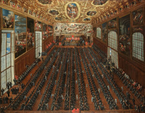 Joseph Heintz il Giovane, “La sala del Maggior Consiglio durante un’elezione” (1650, Collezione privata)