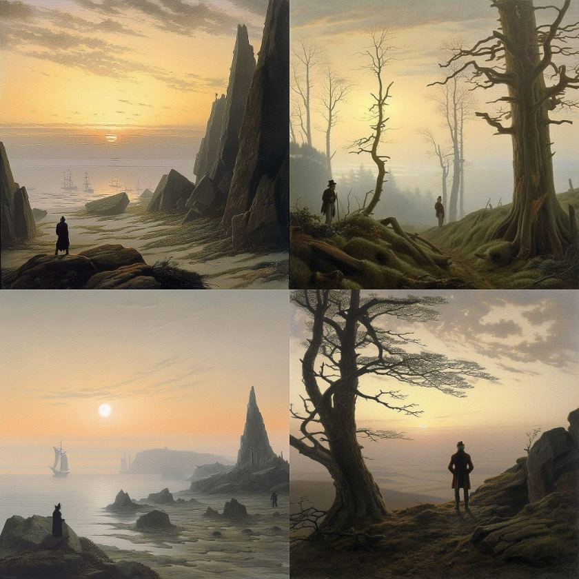 Figura 5.10. Immagini generate in Midjourney v5 utilizzando il prompt “di Caspar David Friedrich –v 5”. Fonte: www.midlibrary.io/styles/caspar-david-friedrich.