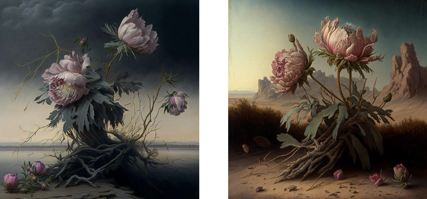 Figura 5.11. Immagini generate in Midjourney v5 utilizzando il prompt “peonie appassite di Caspar David Friedrich –v 5”. Fonte: www.midlibrary.io/styles/caspar-david-friedrich.