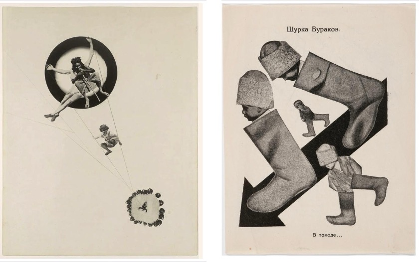 Figura 5.3. Esempi di fotomontaggi degli anni venti: a sinistra László Moholy‑Nagy (1928), a destra Gustav Klutsis (circa 1925).