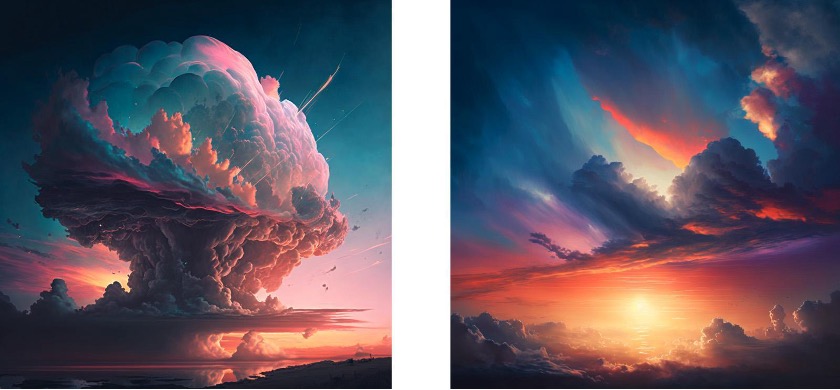 Figura 5.4. Esempi generati con Midjourney versione 4 utilizzando il breve prompt testuale “cielo del mattino”.