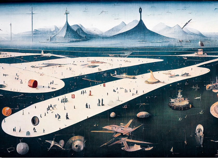 Figura 5.5. Lev Manovich, immagine generata con Midjourney versione 3 (2022) utilizzando il seguente prompt: “Immenso aeroporto moderno del futuro del 1965 in Siberia fatto d’acqua e ghiaccio, dipinto su grande tavola di legno da Hieronymus Bosch, colori pastello brillanti con riflessi bianchi, obiettivo 23f, molto dettagliato –ar 4:3 –s 1250 —test”.