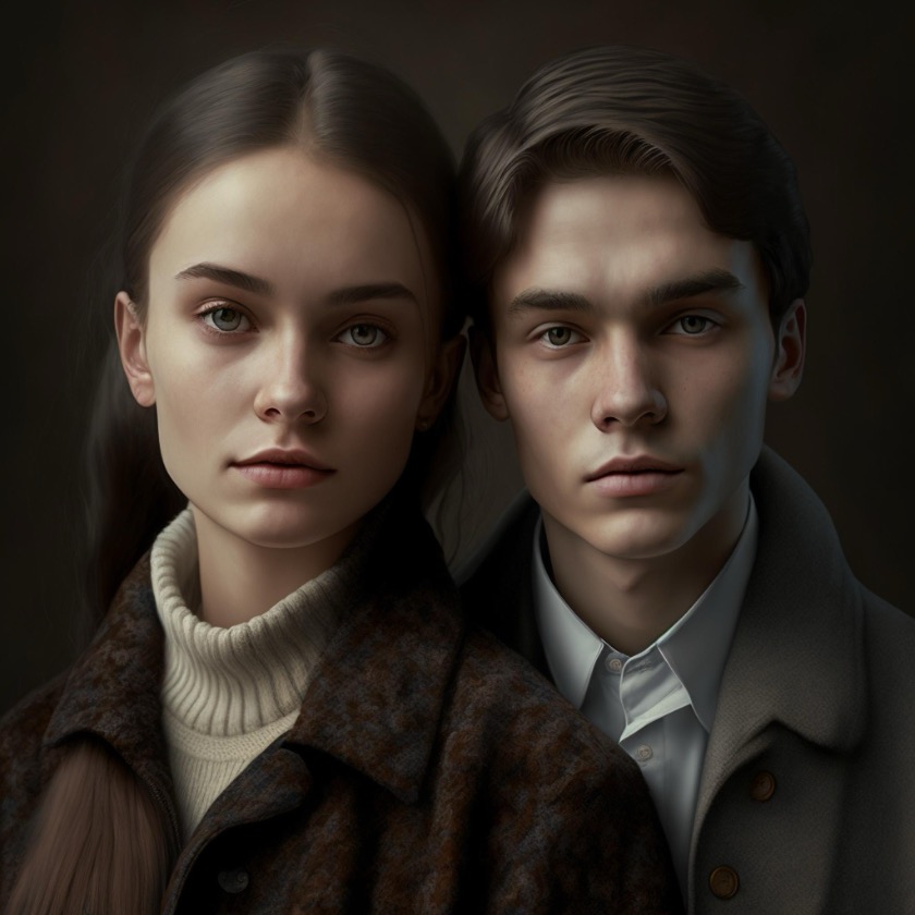 Figura 5.6. Lev Manovich, immagine generata con Midjourney versione 4 (2023) utilizzando il seguente prompt: “Foto di due studenti delle superiori russi, pelle chiara, luce da studio molto morbida, obiettivo 50 mm, monocromatica, toni argento, alta qualità, ultrarealistico –v 4 –q 2”. Questa immagine illustra anche un punto che affronterò più avanti, ovvero il fatto che l’IA genera spesso nuovi artefatti mediali più stereotipati o idealizzati di quanto intendessimo.