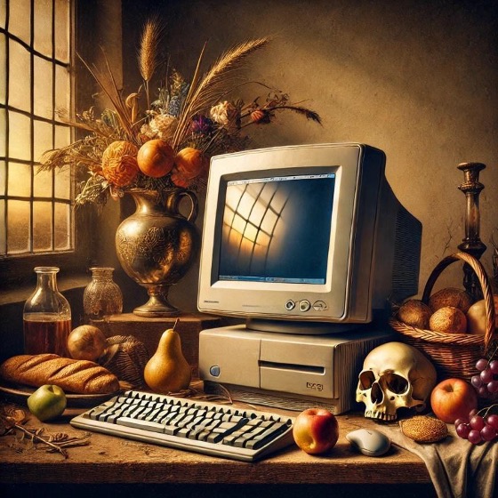 Figura 6.8. Immagine generata da Dall‑E 3 con il prompt: “Un PC ambientato nello stile delle nature morte olandesi del XVII secolo”.