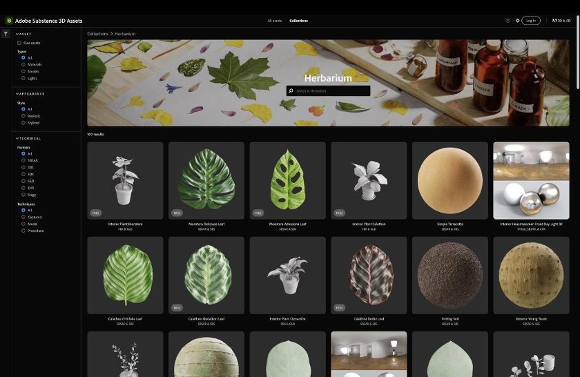 Figura 7.1. Alcuni delle migliaia di strumenti (“asset”) disponibili in Substance (software di Adobe per la creazione di contenuti 3D). Questi provengono dalla collezione Herbarium. I tipi di asset comprendono modelli 3D, materiali applicati a tali modelli e luci virtuali. Fonte: https://substance3d.adobe.com, consultato il 26 settembre 2024.