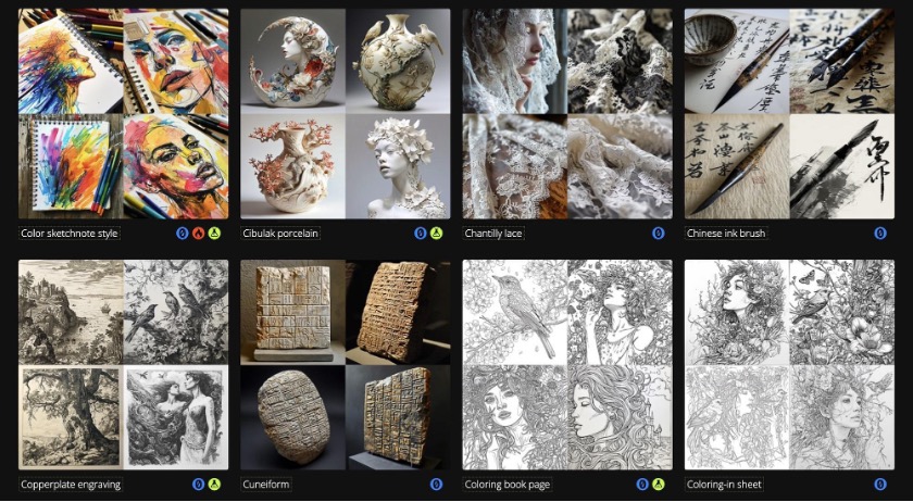 Figura 7.2. Esempi dal sito di riferimento Midlibrary che mostrano alcune tecniche artistiche, generi artistici e stili di pittori, illustratori, architetti, fotografi e stilisti che lo strumento di generazione di immagini Midjourney può simulare. Al settembre 2024 questa risorsa ne elenca 5500 (fonte: midlibrary.io, 24 marzo 2024).