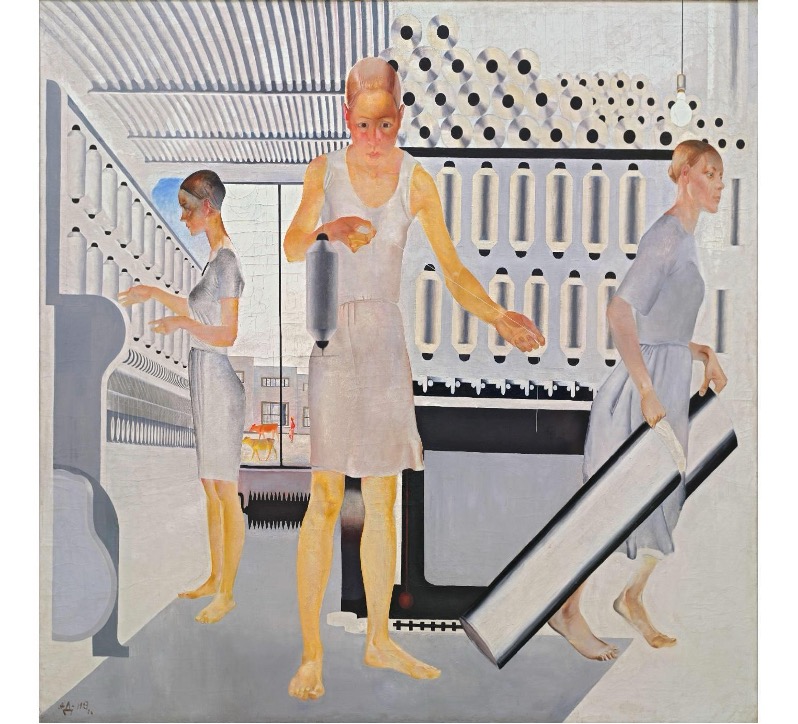 Figura 7.6. Aleksandr Dejneka (1899‑1969), Operaie tessili, 1927, olio su tela, 171x195 cm. In questo celebre dipinto Dejneka fonde con abilità generale e concreto, astratto e particolare. La macchina e l’architettura della fabbrica sono state ridotte a pattern geometrici quasi astratti. La resa dei corpi enfatizza la loro somiglianza, mentre i volti conservano la loro individualità. Il livello di dettaglio nei volti appare inatteso e quasi esagerato se confrontato con i pattern volutamente regolari delle macchine. Questi sono solo alcuni esempi delle tecniche selettive e variabili di “compressione” impiegate in questo e in altri lavori che dipingerà in futuro.