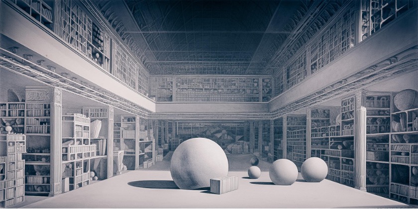 Figura 7.9. Lev Manovich, serie Architettura per una biblioteca universale, generata con Midjourney e modificata con il software Lightroom, 2023.