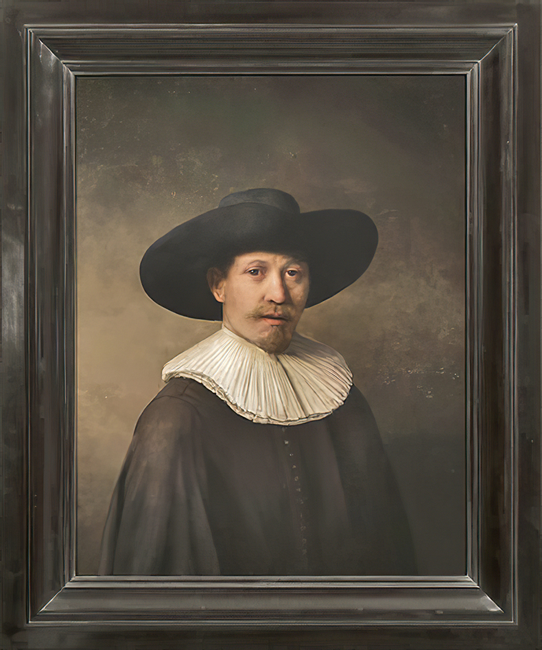 Figura 4.1. The Next Rembrandt, dipinto stampato in 3D creato utilizzando algoritmi di IA, 2016. Tramite un algoritmo di riconoscimento facciale, i ricercatori hanno identificato e classificato i modelli caratteristici di Rembrandt per rappresentare i tratti umani. Queste informazioni sono poi state impiegate dall’IA per imitare lo stile dell’artista, generando nuovi lineamenti e altri elementi per questo dipinto generato ex novo.