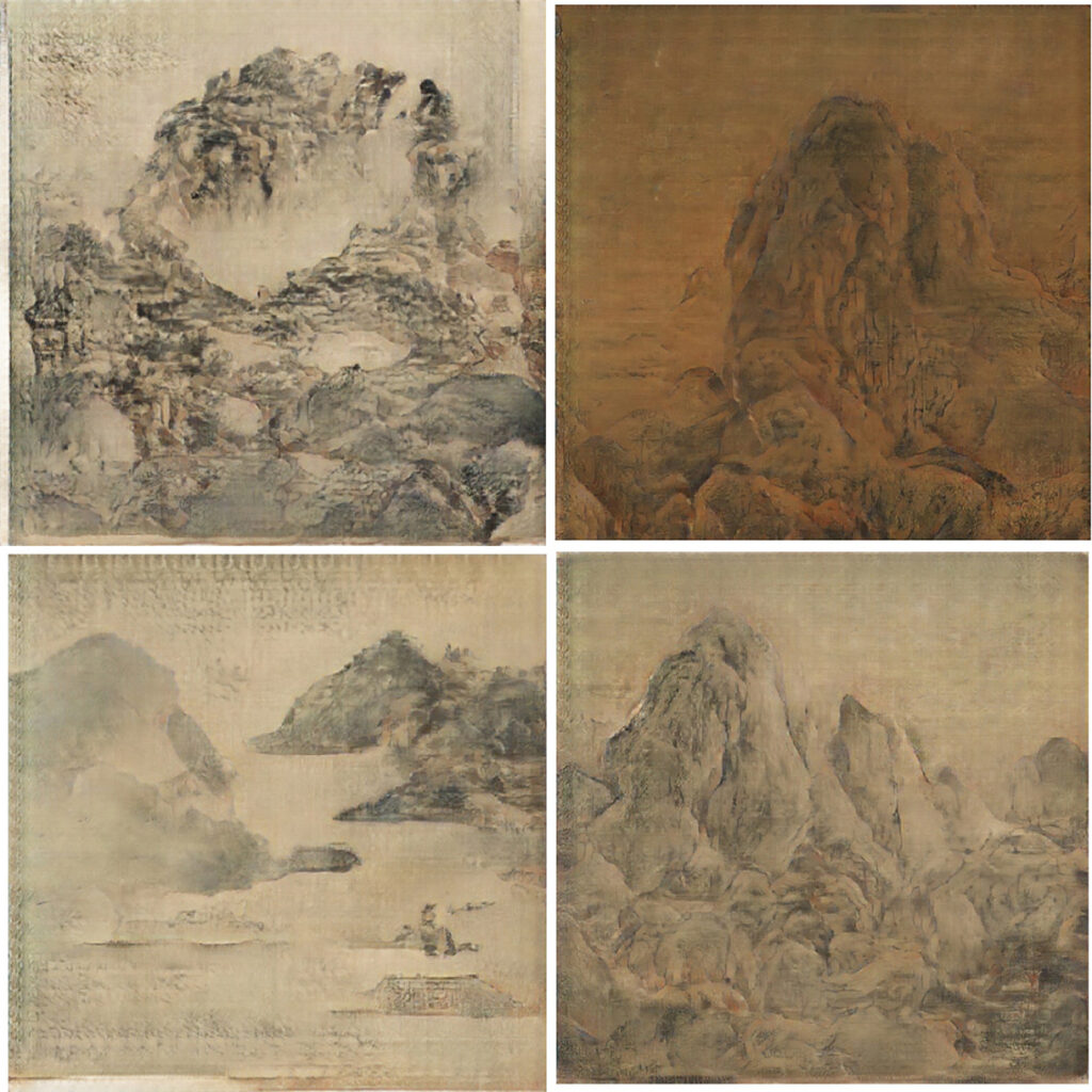 Fig. 1.1. Immagini che riproducono tradizionali dipinti paesaggistici cinesi realizzati con una rete generativa avversaria (GAN, Generative Adversarial Network) nel 2020.